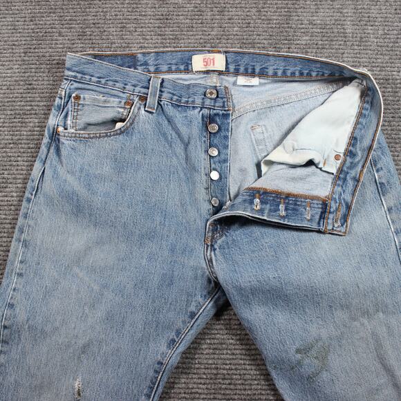 Levi’s 501 Jeans Mens 36x29 Light Blue Straight Button Fly Distressed Y2K - Picture 4 of 12